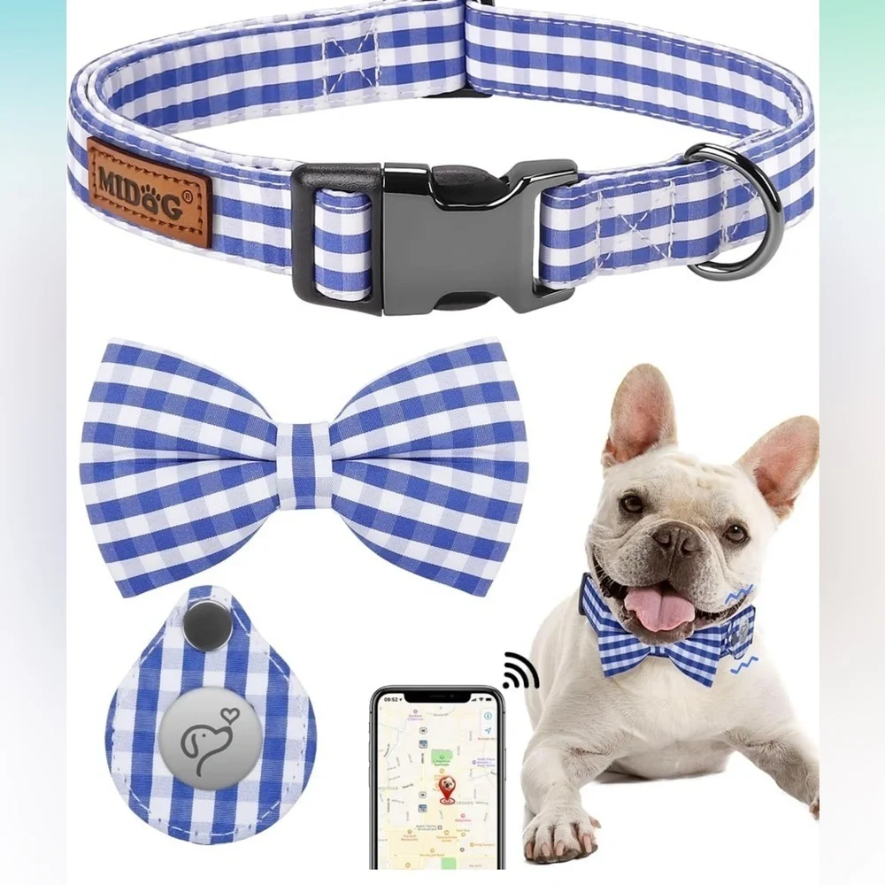 Tag Holder Case, Air Tag Pet Collar with Quick-Release Metal Buckle Blue Plaid M